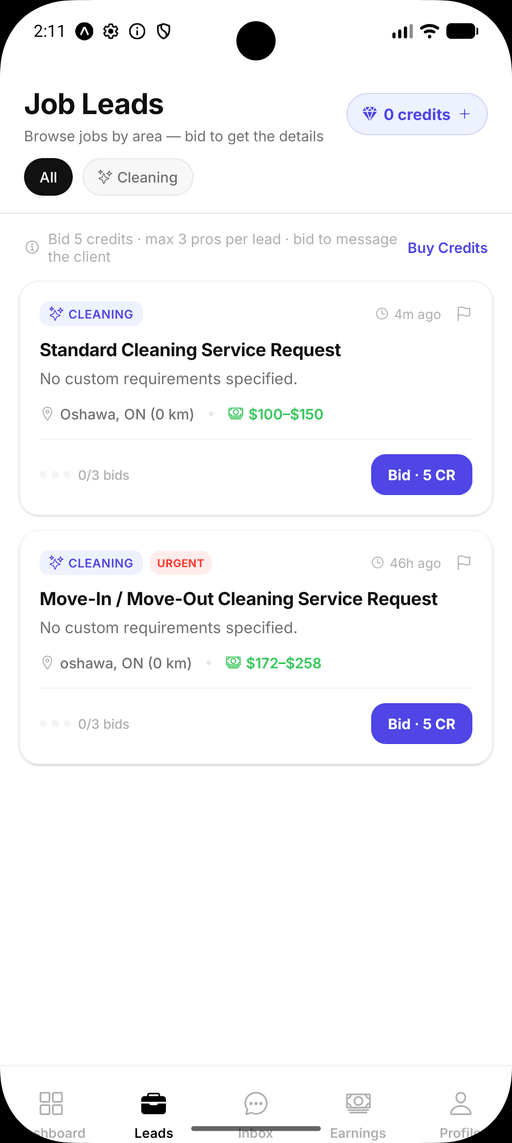 HomeLynk provider dashboard with nearby cleaning leads and credit-based bidding