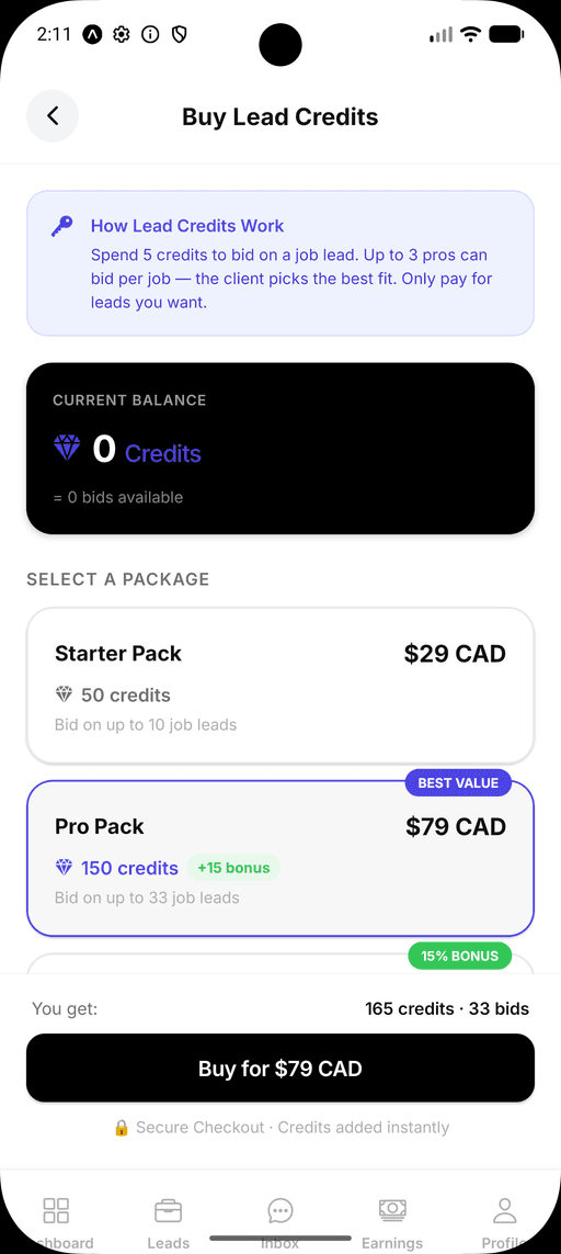 HomeLynk lead credit purchase screen