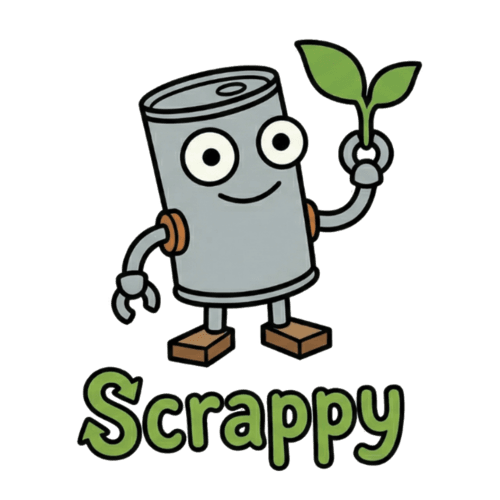 Scrappy, a recycling-can mascot holding a sprout